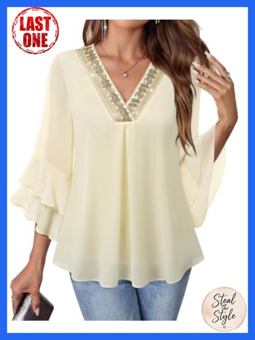Embroidered V Neck Chiffon Blouse Double Layer Ruffle 3/4 Sleeve Dressy Casual